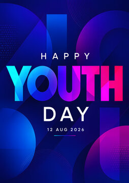 Happy International Youth Day 2026 Modern Abstract Typography Poster with Vibrant Blue Gradient Vector Design
