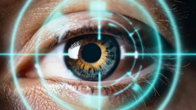 Digital Eye Scan: A close-up view of a human eye with a futuristic digital targeting reticle superimposed, symbolizing advanced technology and data analysis.