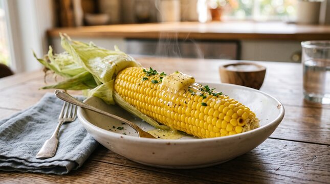 Freshly cooked corn on the cob served with melted butter and green herbs on a rustic wooden kitchen table with steam rising