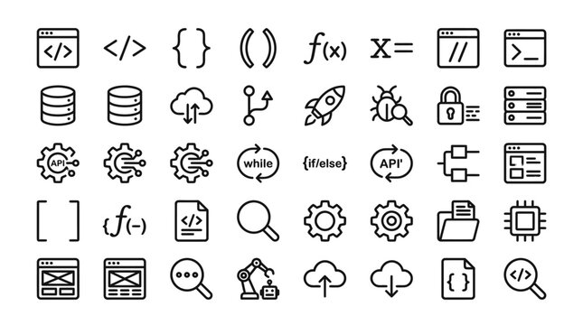 Set of thin line icons representing software development and programming concepts.