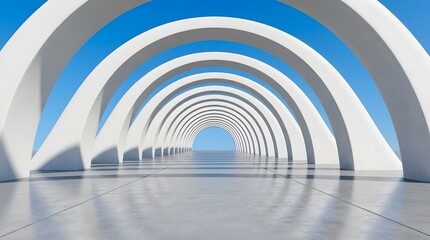 Naklejka premium A symmetrical view through a series of white concrete arches leading towards a bright blue sky