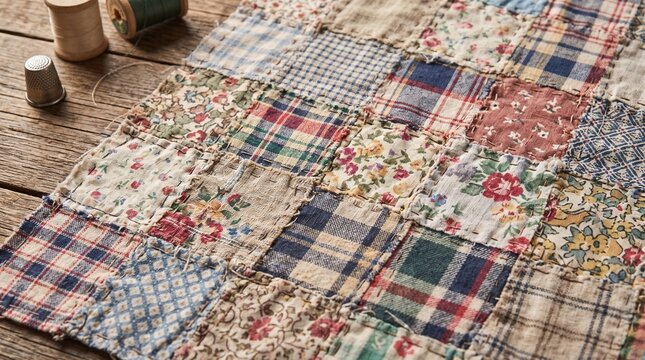Vintage patchwork design made of fabric scraps on wooden table
