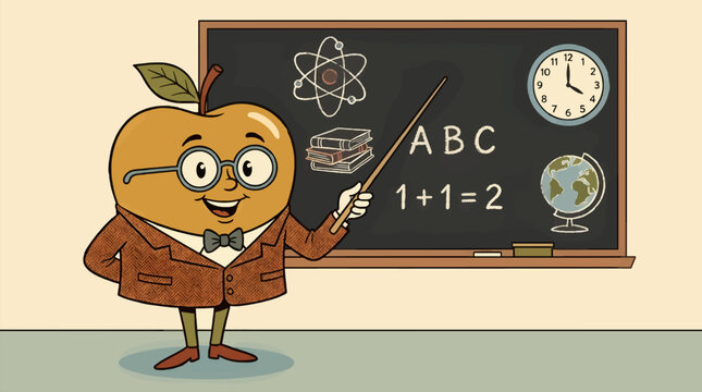 Anthropomorphic Apple Teacher Character in Glasses and Bow Tie Pointing at a Chalkboard with Educational Symbols, Flat Vector Illustration