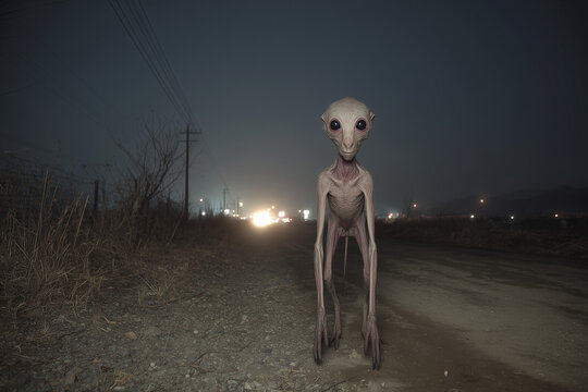 creature of ai, chupacabra, thin hairless alien humanoid with very large ears and eyes, long limbs, full body portrait, charcoal black, photorealistic