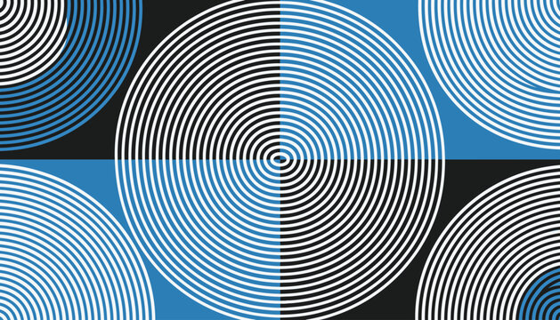 Hypnotic optical illusion geometric pattern of concentric circles in blue, black, and white quadrants creating a modern abstract background.
