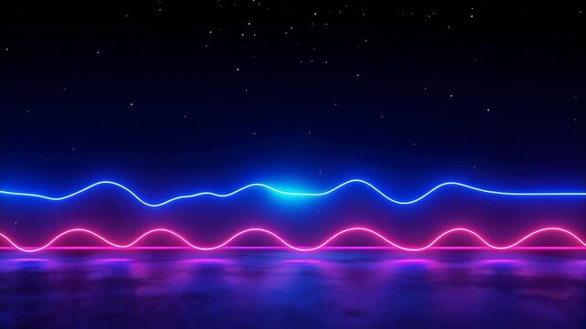Abstract Neon Waves: Two mesmerizing neon waves, one blue and one pink, pulse and undulate across a dark, reflective surface, set against a starry night sky, creating a vibrant, futuristic ambiance.