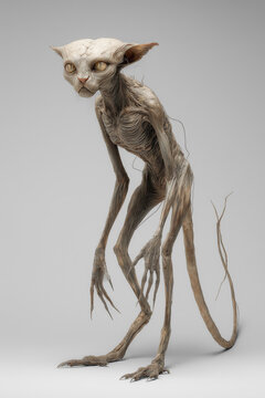 creature of ai, chupacabra, thin hairless alien humanoid with very large ears and eyes, long limbs, full body portrait, silver, photorealistic