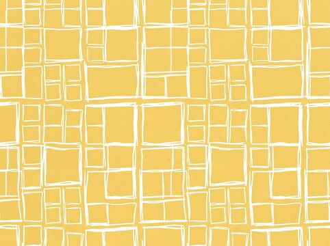 Abstract yellow geometric background with irregular white rectangular grid pattern, modern seamless mosaic texture for wallpaper, wrapping paper, textile and graphic design