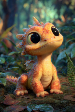 creature of ai, cute baby dragon with golden orange scales and large eyes in a fantasy forest, charcoal brown, photorealistic