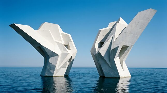 Two large jagged white icebergs floating in the deep blue ocean under a clear sunny sky
