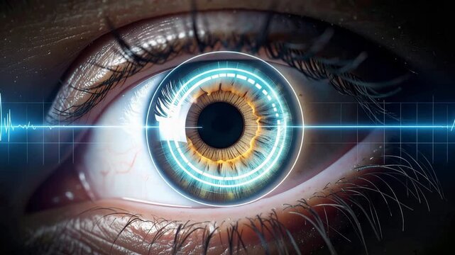 Cybernetic Eye: A close-up of a human eye, featuring a futuristic cybernetic implant with glowing blue circuits and a digital display projected onto the iris.