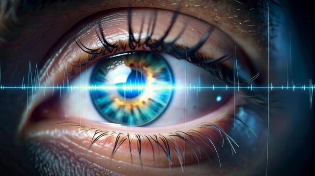 Cybernetic Vision: A close-up of a human eye, enhanced with futuristic technology, glowing with a cyan-blue iris and intricate digital overlays.