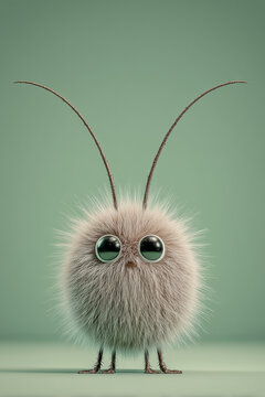 creature of ai, cute furry bug with long antennae and enormous eyes, pastel studio background, gray, photorealistic