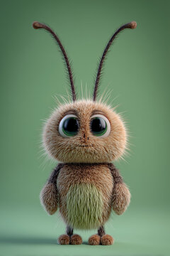 creature of ai, cute furry bug with long antennae and enormous eyes, pastel studio background, gray green, photorealistic