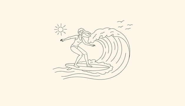 Simple line art illustration of a young female surfer riding a massive ocean wave under the sun and flying birds.