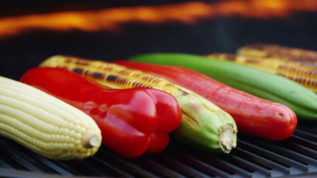 Close-up low-angle view of assorted vegetables roasting on barbecue grill, with charred corn, glossy peppers, ribbed grate texture, warm flame backlight and summer cookout mood