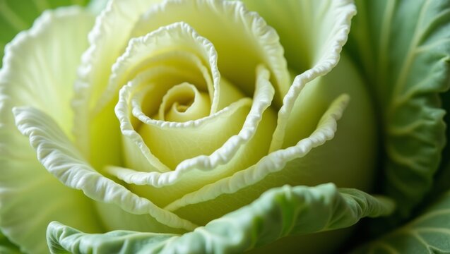 Close-up of a pale green cabbage rose with intricate layered leaves and soft textures, showcasing natural beauty and detail in a botanical setting