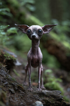creature of ai, extremely hairless alien dog with huge eyes standing on a forest path, charcoal, photorealistic
