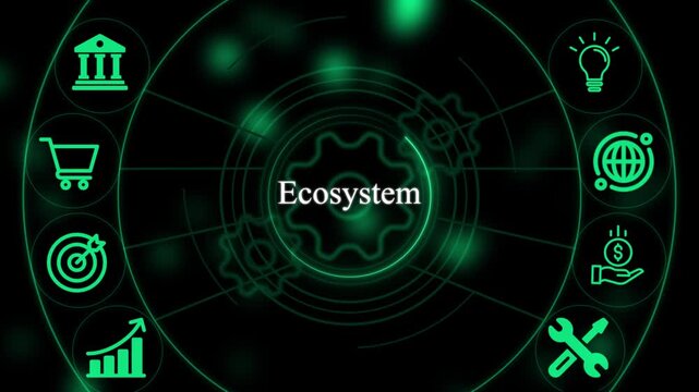 Digital ecosystem concept featuring circular representing business strategy finance technology and global connectivity in green neon light