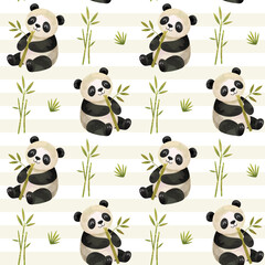 Obraz premium Watercolor panda seamless pattern. Cute background with panda and bamboo. Hand painted animal print