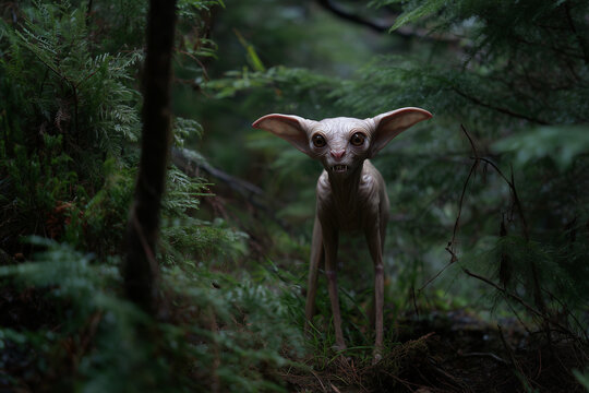 creature of ai, pale long-legged alien with very large ears standing in a dark forest, black, photorealistic