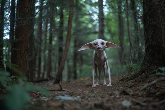 creature of ai, pale long-legged alien with very large ears standing in a dark forest, charcoal, photorealistic