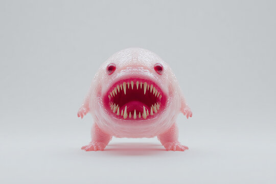 creature of ai, tiny pink blob monster with a circular mouth full of sharp teeth, studio background, silver, photorealistic