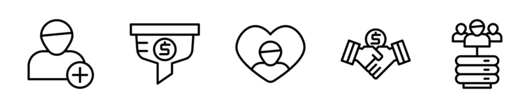 Set de iconos CRM y ventas clientes embudo fidelizaci&oacute;n 5 piezas outline vector