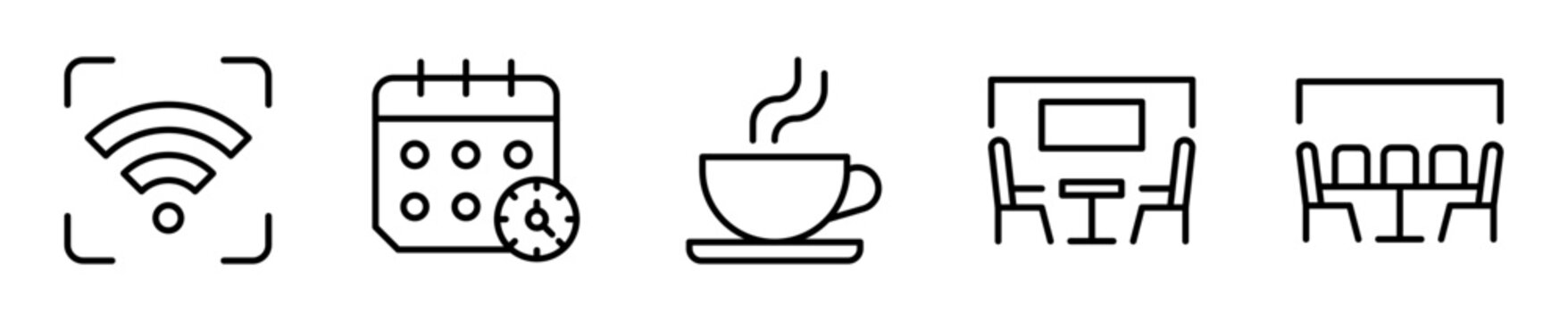 Set de iconos oficina moderna cowork espacio trabajo flexible 5 piezas outline vector