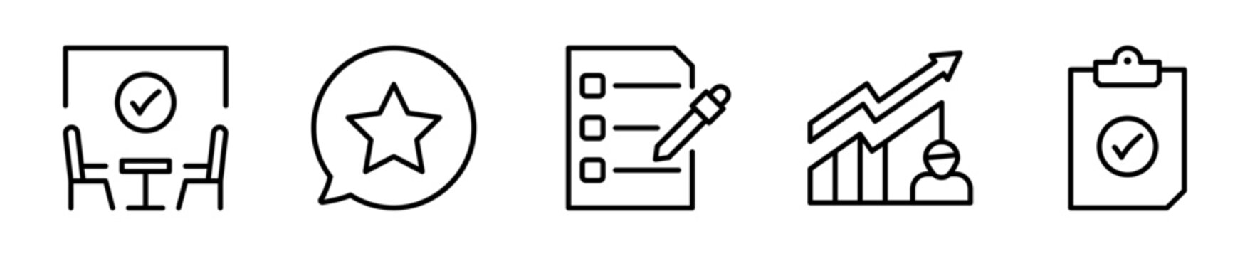 Set de iconos feedback y evaluaci&oacute;n desempe&ntilde;o encuesta 5 piezas outline vector