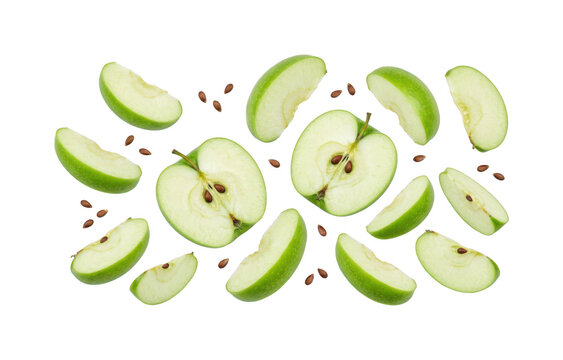 Fresh green apple png Sliced granny smith apple cutout Organic apple slices png Tart green apple halves cutout Healthy apple wedges png isolated transparent background image