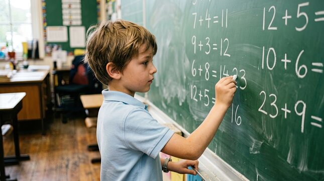 Schoolboy writing math equations on blackboard in classroom, child learning mathematics with teacher education concept and academic development