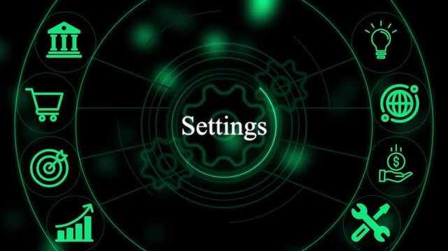 Digital interface showing the word settings surrounded by circular representing business growth and technical system management tools