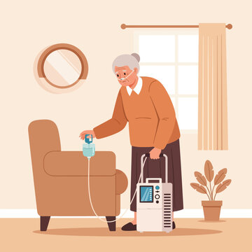 Elderly Woman Using Portable Oxygen Concentrator at Home