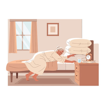 Elderly Woman Waking Up Reaching For Alarm Clock In Cozy Bedroom