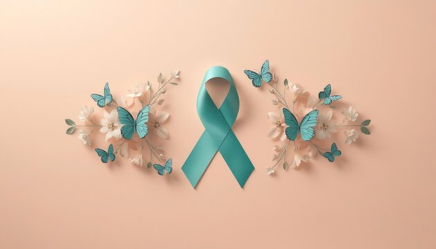 Teal awareness ribbon with butterflies. Symbol for cervical cancer and anxiety support.