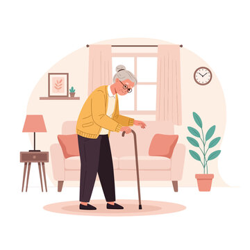 Elderly Woman Walking With Cane Indoors Scene