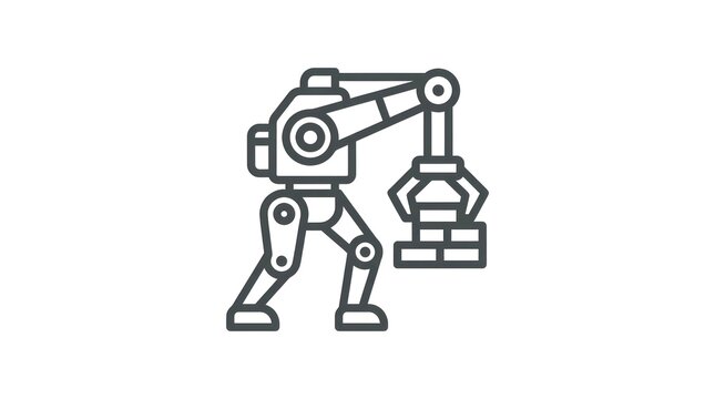 Industrial robot arm assembling bricks in a clean line art illustration