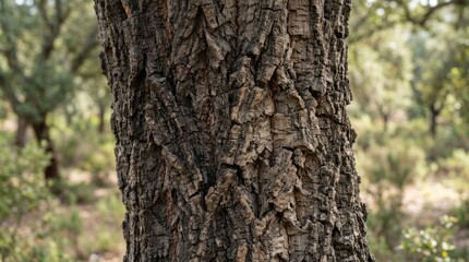 Obraz premium Close up of rough textured cork oak tree bark in a forest setting.