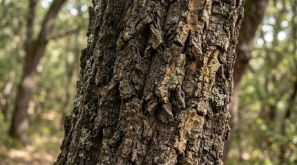 Fototapeta premium Close up of rough textured cork oak tree bark in a forest setting.