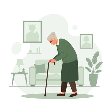 Elderly Woman With Cane Walking In Cozy Living Room Scene