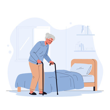 Elderly Woman With Cane Walking Towards Bed In Assisted Living Environment