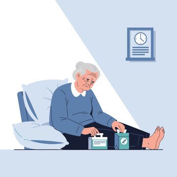 Elderly Woman With Medication Boxes Sitting Alone In A Room