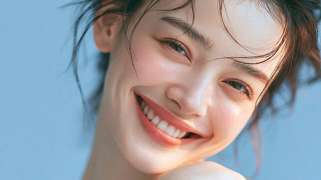 Close up portrait of beautiful happy young Asian woman smiling with glowing skin posing against blue background for cosmetic skincare advertising beauty photography.