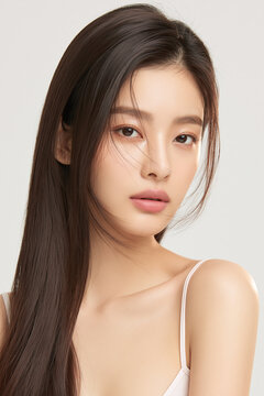 Close up portrait of beautiful young East Asian woman with long straight hair center parted natural makeup looking at camera against light studio background