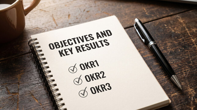Objectives and key results written on a paper notebook with a sleek black fountain pen