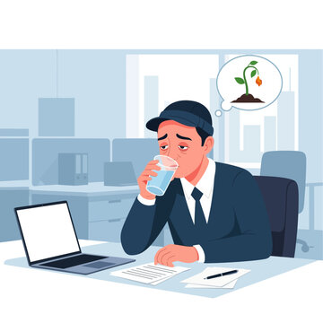 Exhausted Businessman Dehydrated At Office Desk Thirsty For Rest And Growth