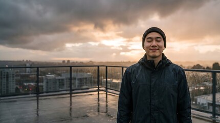 Fototapeta premium Peaceful Asian man in beanie jacket standing with eyes closed on wet rooftop with dramatic cloudy sunset sky background.