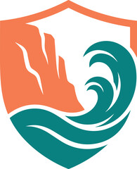 Obraz premium Abstract shield logo design featuring a stylized ocean wave and rocky cliff icon