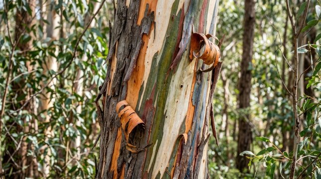Close-up of a Rainbow Eucalyptus tree trunk with vibrant, peeling bark.
